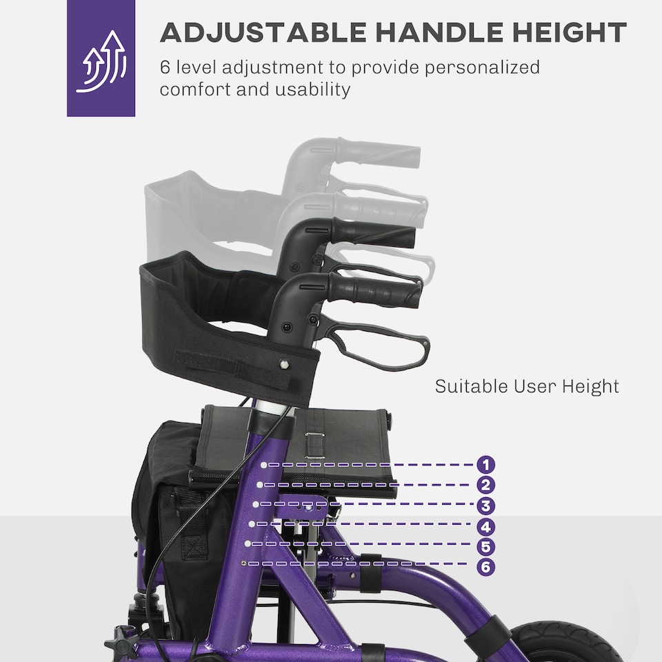 image 1 of HOMCOM Folding Rollator Walker with Seat, Backrest, Lightweight Walking Frame with Storage Bag, Dual Brakes, All-terrain Wheels, Adjustable Handle Height, 4 Wheeled Walker for Seniors, Purple