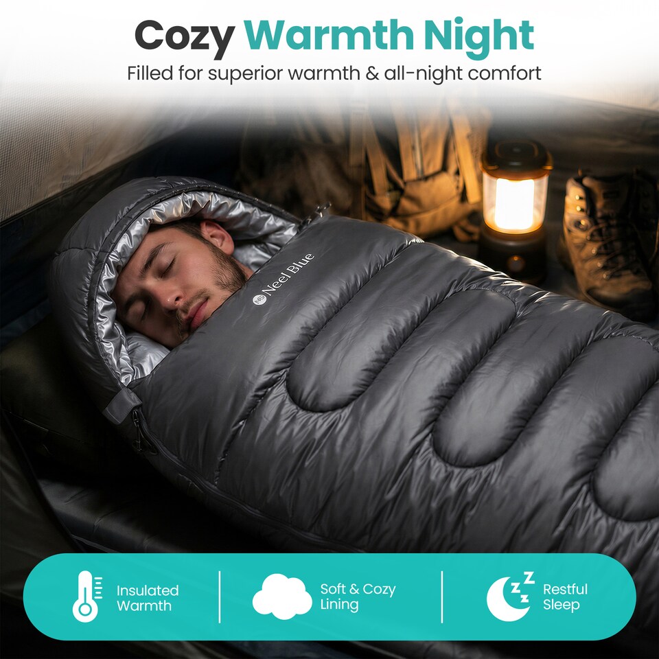 image 1 of 350GSM Mummy Waterproof Sleeping Bag with Hood, 6ft Adults - 3-4 Season