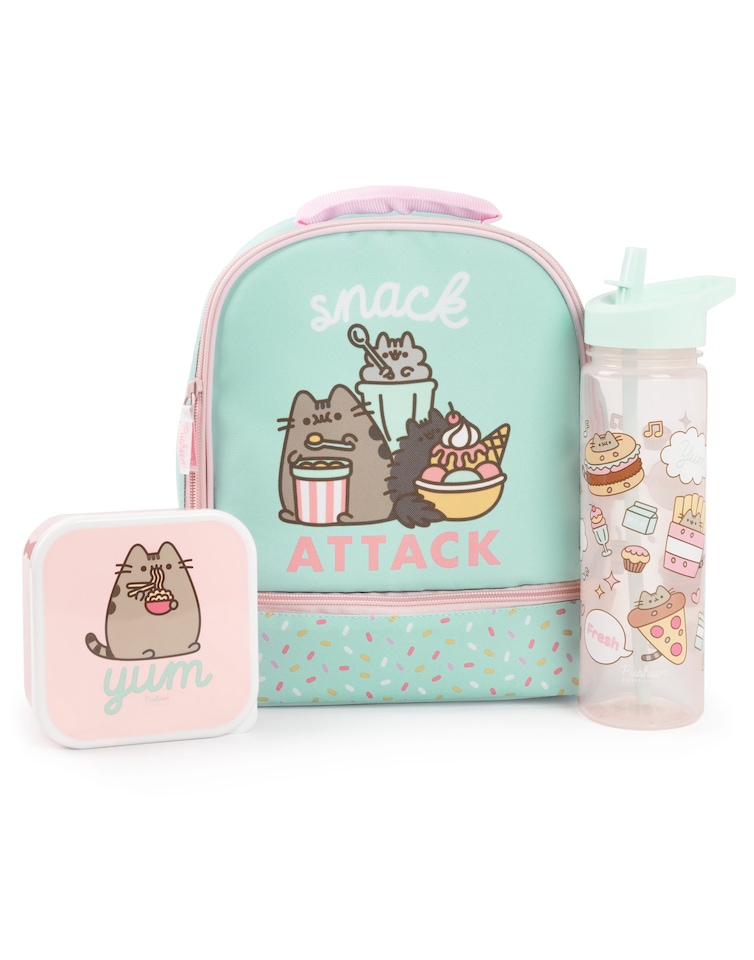 image 1 of Pusheen the Cat Mint Lunch Bag, Lunch Box and Drinks Bottle Set | Snack Attack Polkadot School Lunch Set for Girls | Transparent Water Bottle | Pusheen Merch
