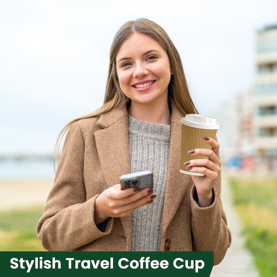 image 1 of ECONX 8oz Kraft Disposable Coffee Cups With White Lid Ripple Insulated Paper Cups 100pc