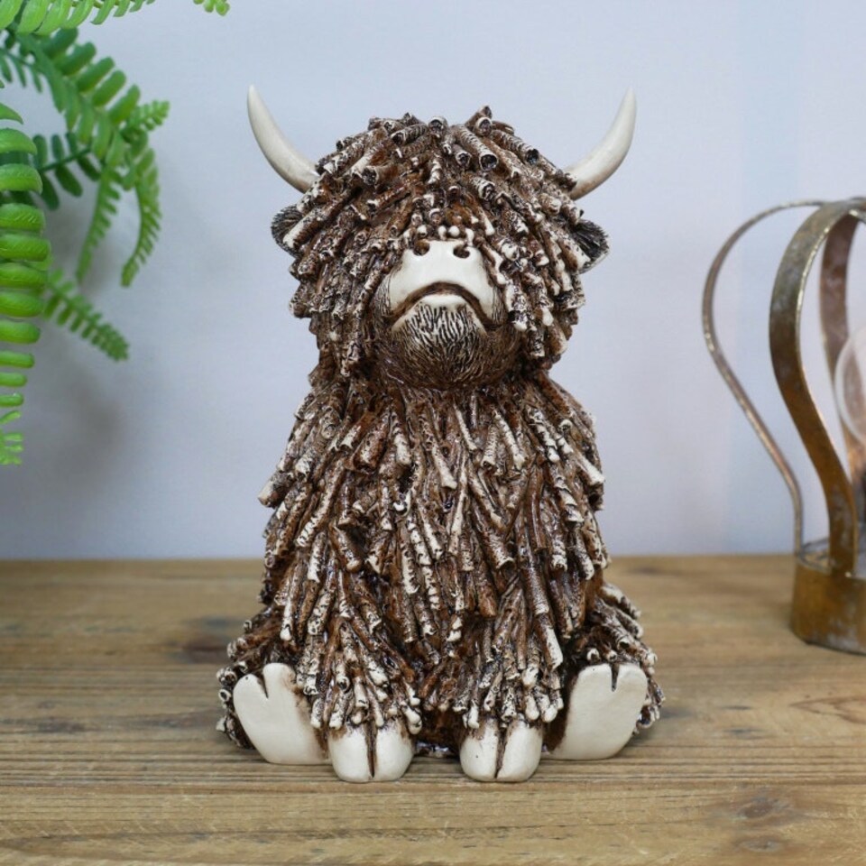image 1 of Highland Cow Twig Sitting Ornament 18cm Brown