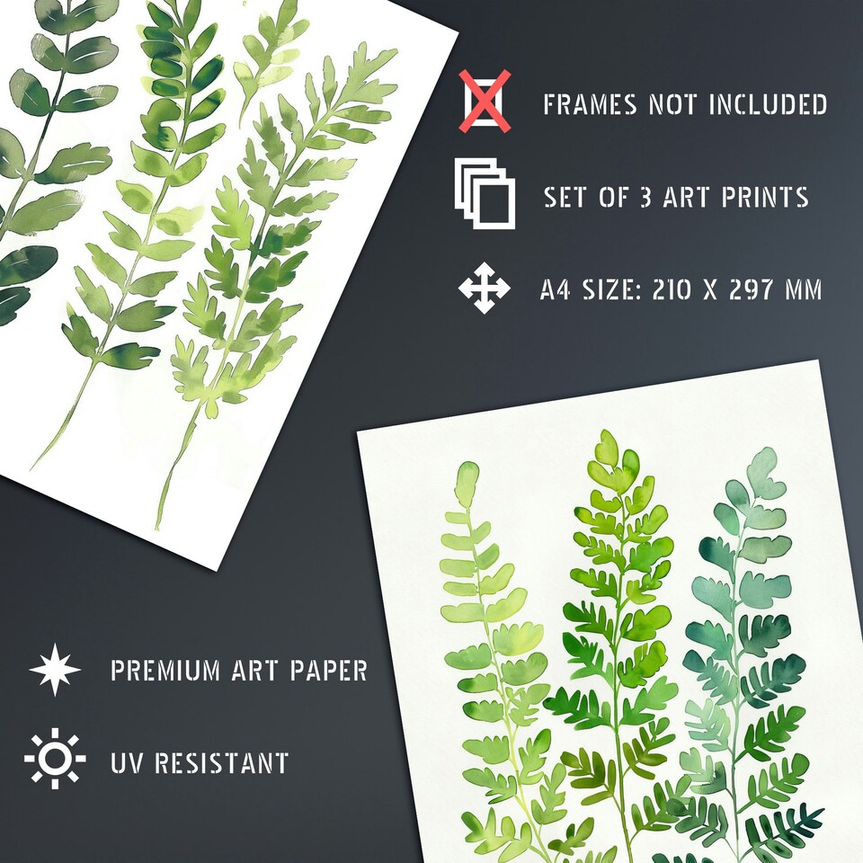 image 1 of Set of 3 Fern Fronds Leaves Botanical Watercolour Living Room A4 Size Wall Art Prints Pack