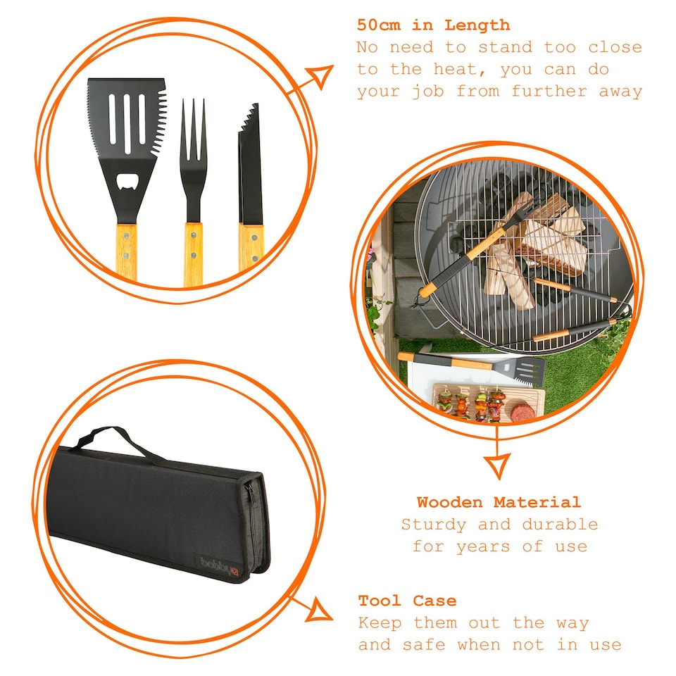 image 1 of BobbyQ 3pc Grey Rope Wooden BBQ Tools Set - Outdoor Kitchen Camping Barbecue Grill Cooking Utensils Accessories Gift Kit for Men with Bag