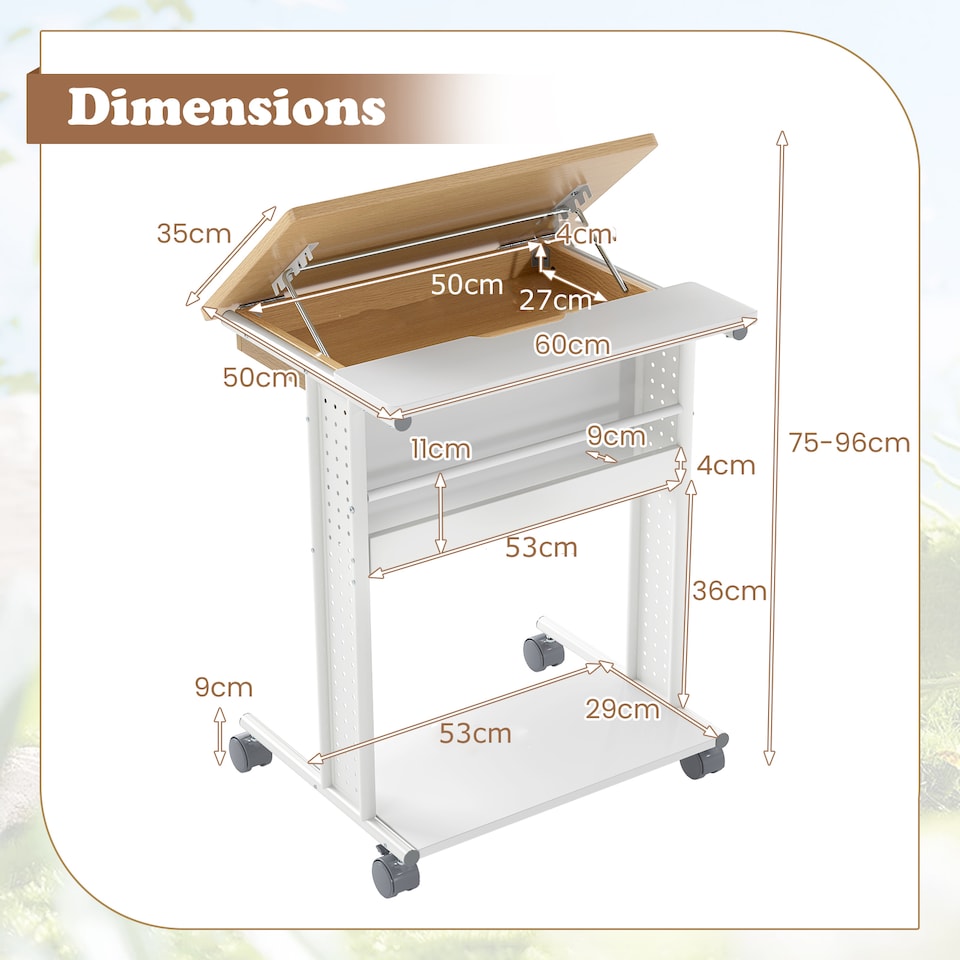 image 1 of COSTWAY Rolling Portable Desk C-Shaped Computer Cart White