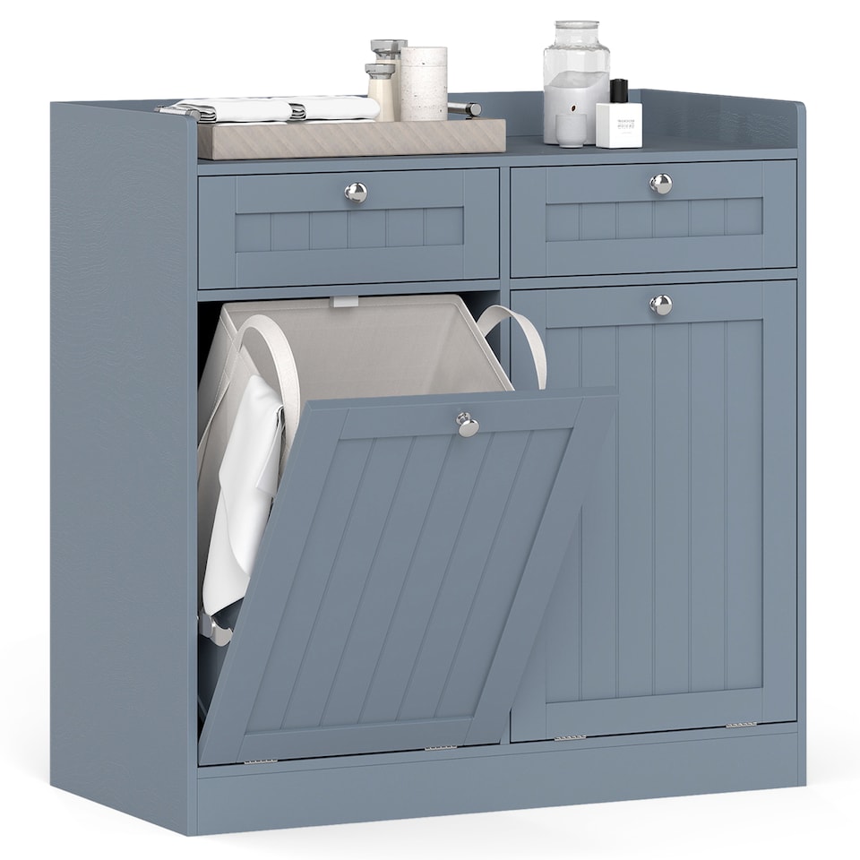 image 1 of COSTWAY Double Tilt-Out Laundry Hamper Cabinet Grey