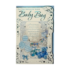 On The Birth Of Baby Boy Blue Balloons And Teddy Design Opacity Congratulations Card