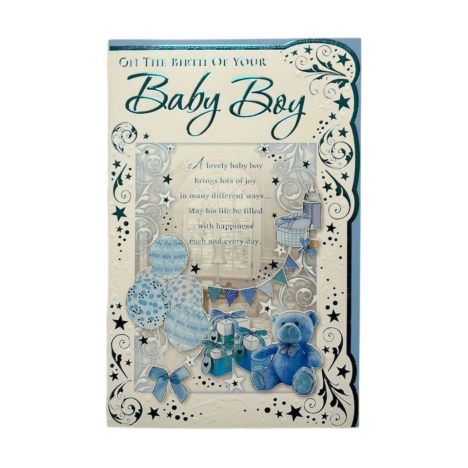 image 1 of On The Birth Of Baby Boy Blue Balloons And Teddy Design Opacity Congratulations Card
