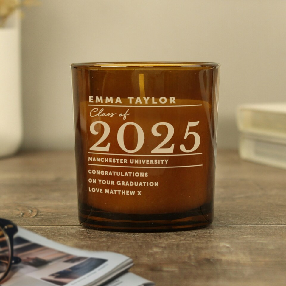 image 1 of Personalised Graduation Amber Glass Candle Brown