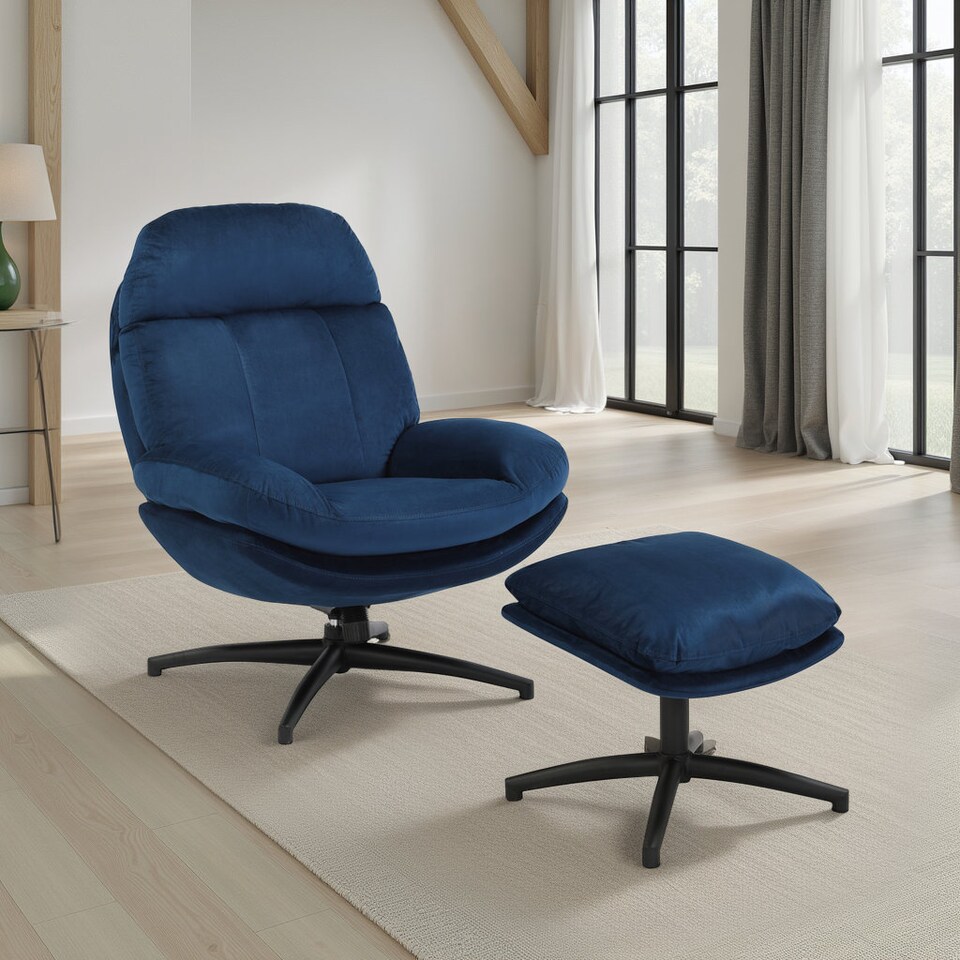 image 1 of Velvet Blue Brenna Swivel Armchair with Footstool