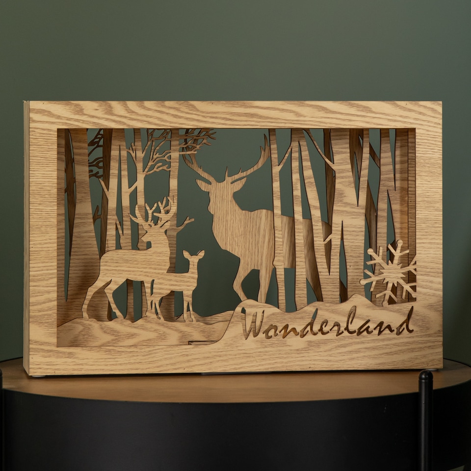image 1 of 37cm Battery Operated Light up Wooden Christmas Reindeer Scene with Warm White LEDs