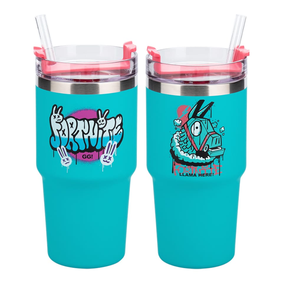 image 1 of Fortnite 600ml Blue Insulated Cup and Straw, Official Licensed Tumbler, Hot Cold Drinks Bottle, Gift for Men, Paladone