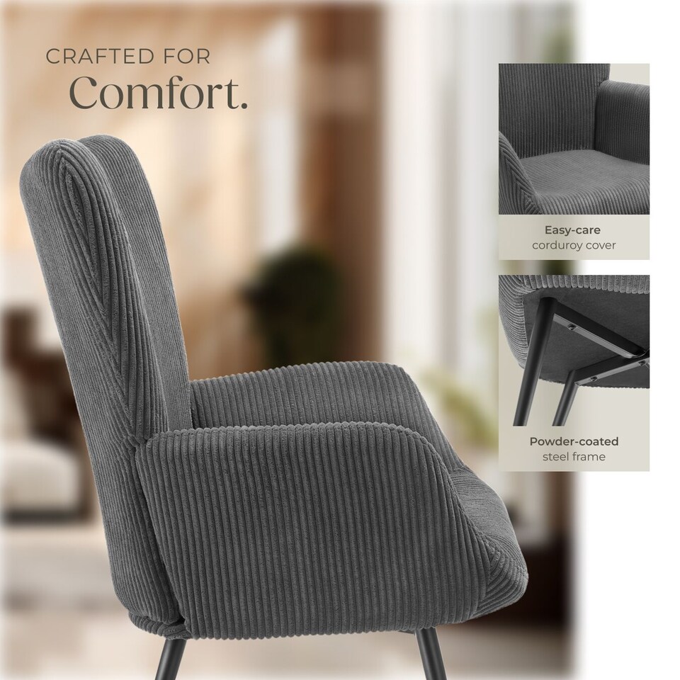 image 1 of Armchair Hygge - padded, armrests and ergonomic backrest, 150 kg load capacity | Grey | Wide cord anthracite/black | One Size | 1