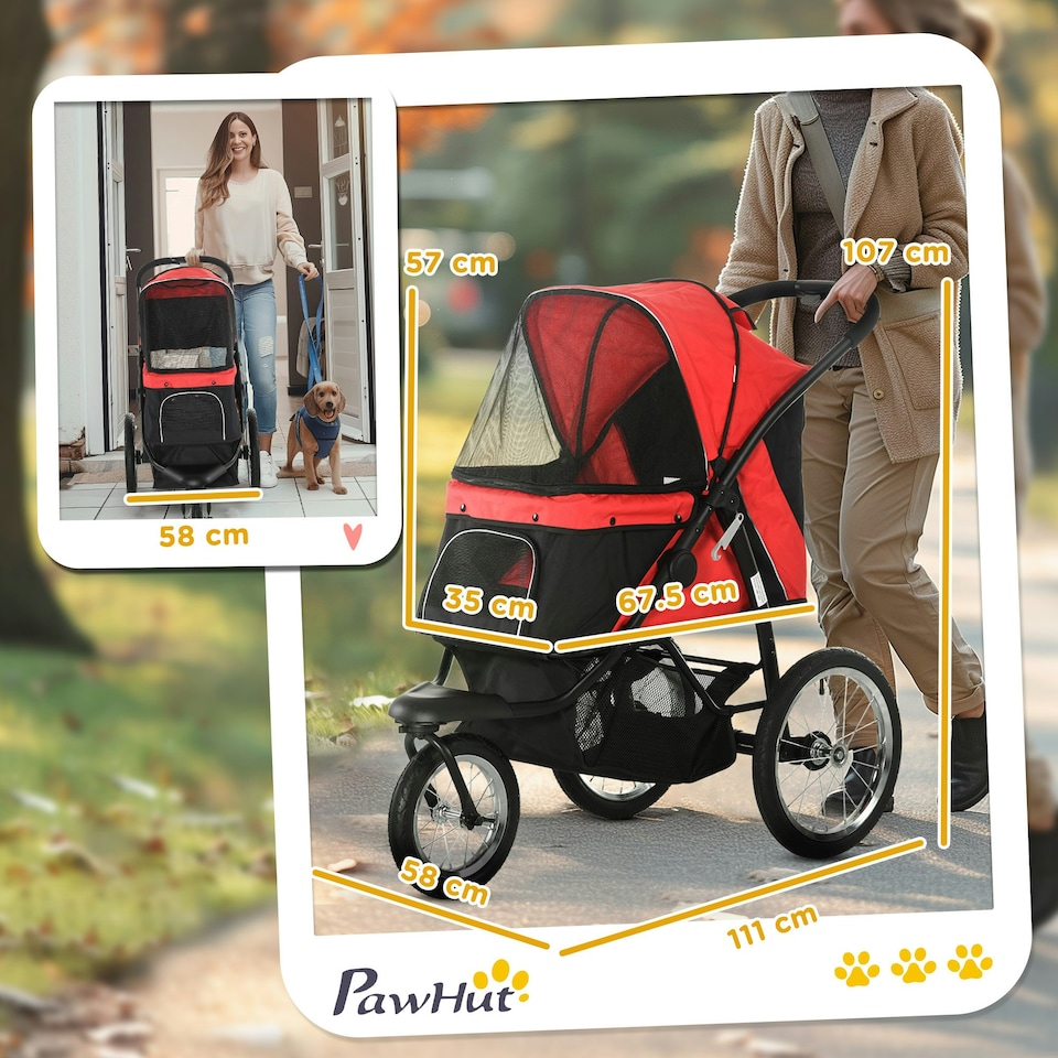 image 1 of PawHut Three-Wheel Pet Stroller, for Medium, Small Dogs, Foldable Cat Pram - Red
