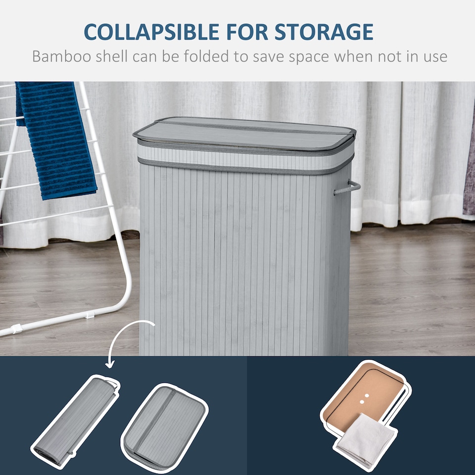 image 1 of HOMCOM 100L Wood Laundry Basket A Compartment Flip Lid Removable Lining Grey