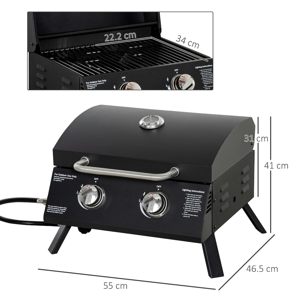 image 1 of Outsunny Portable Tabletop Gas BBQ Grill Barbecue w/ 2 Burner Lid Thermometer