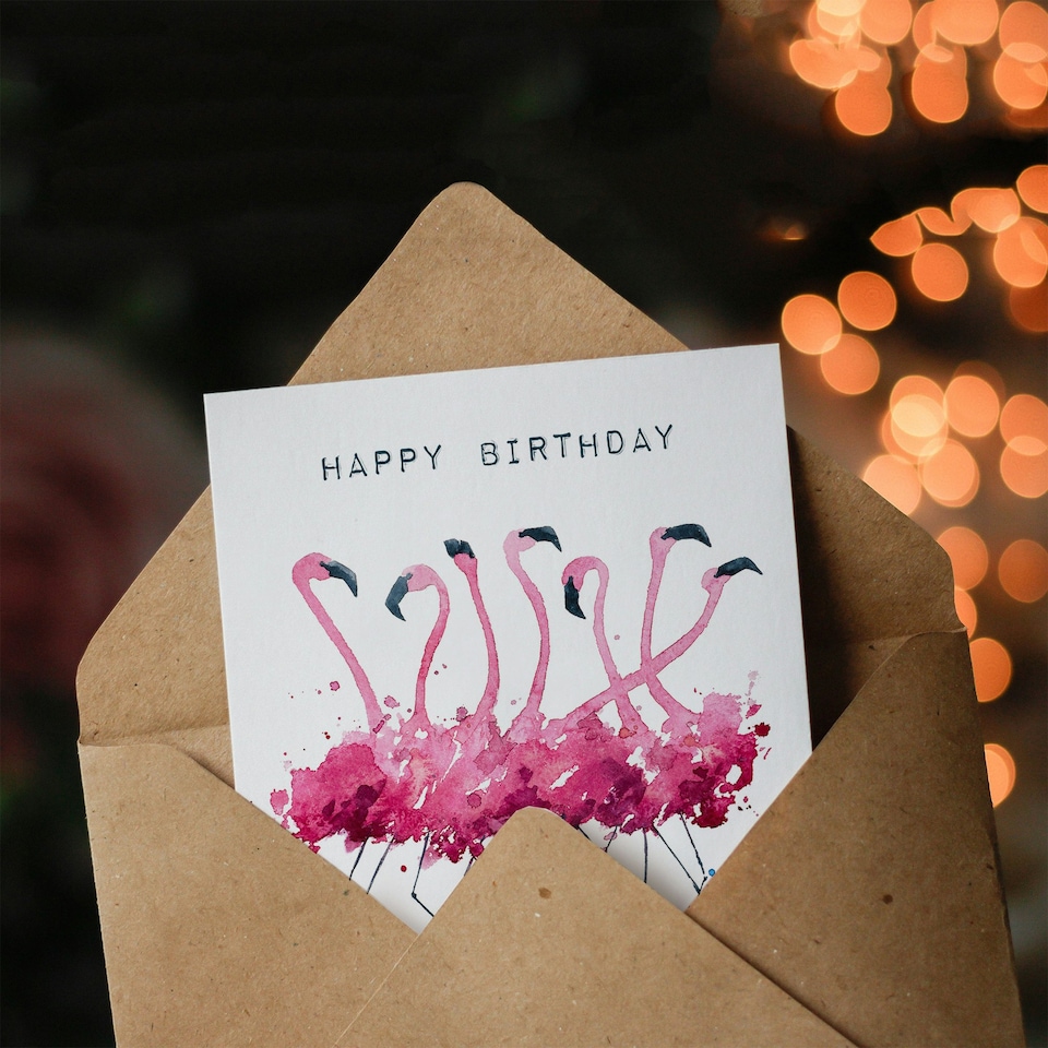 image 1 of Happy Birthday Dancing Flamingos Watercolor Birthday Card