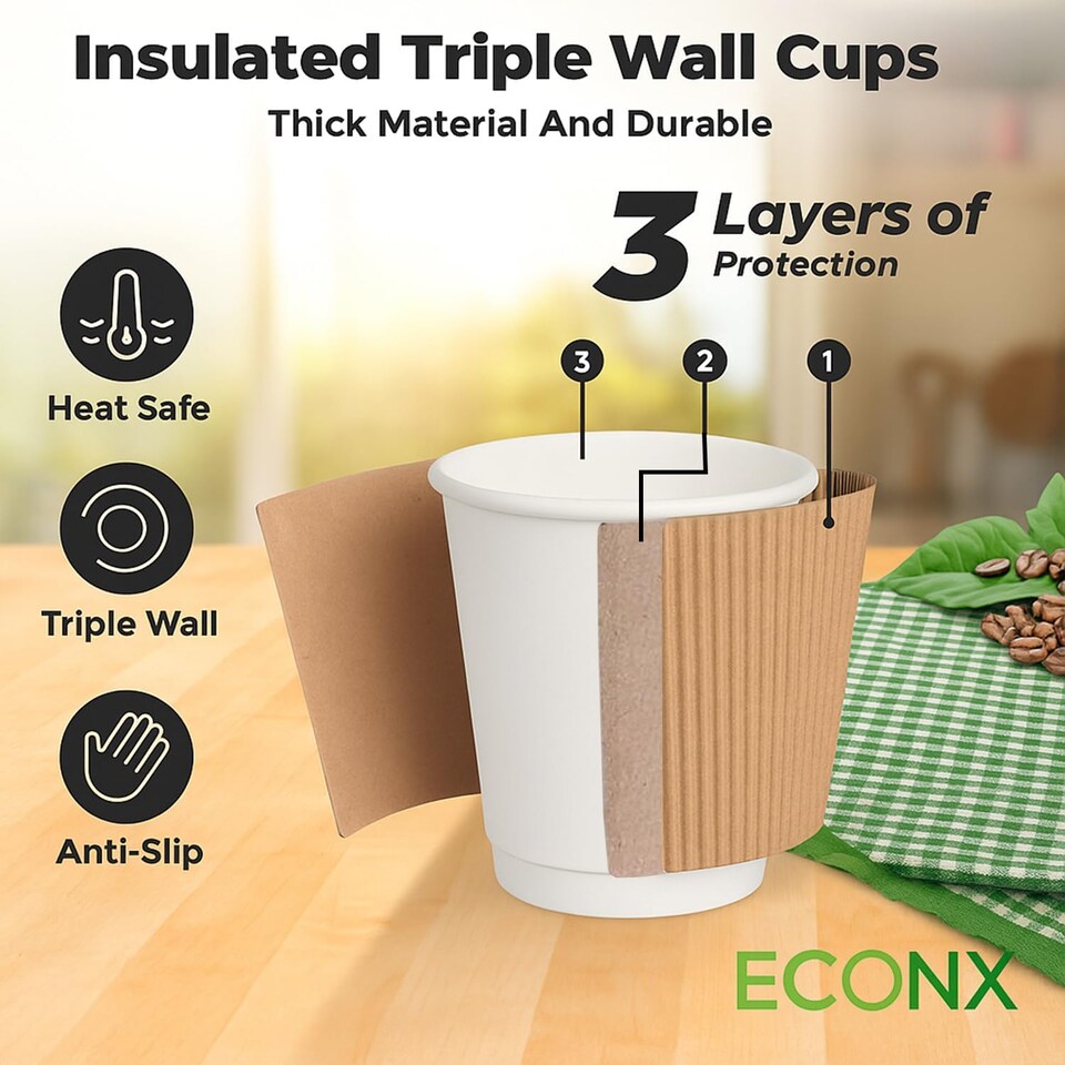 image 1 of ECONX 4oz Disposable Coffee Cups 3-PLY Insulated Ripple Wall Takeaway Paper Cups 100pc