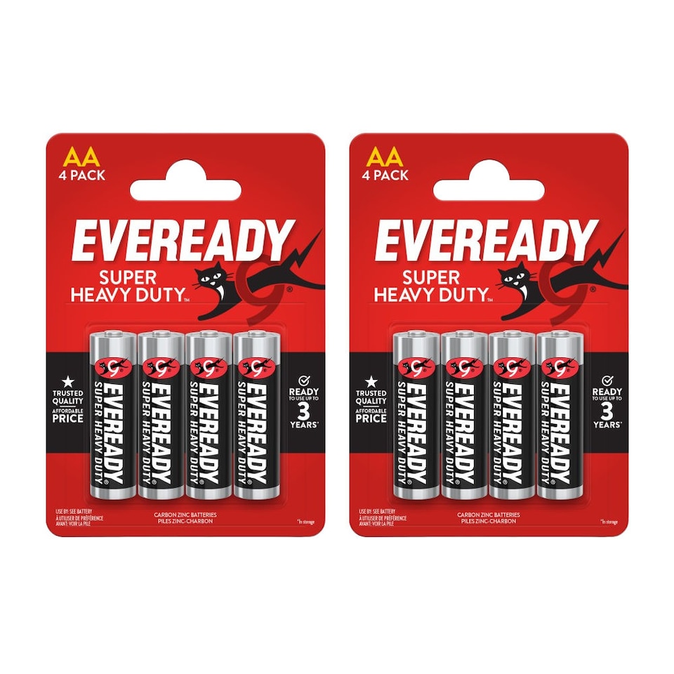 2x Eveready Super Heavy Duty AA Zinc Carbon Batteries, Pack of 4 (8x Batteries in total) | Black | 8