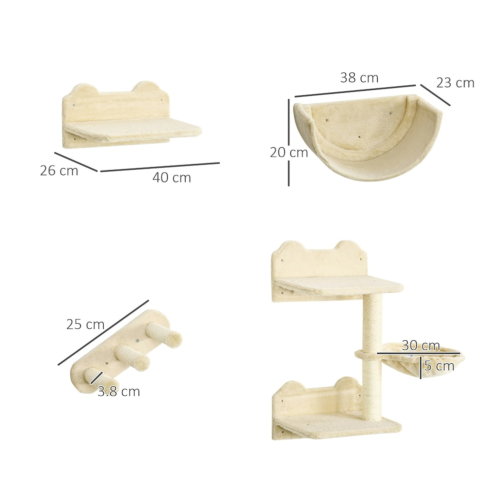 image 1 of PawHut Wall Mounted Cat Tree 4PC Kitten Activity Centre with Sisal, Beige