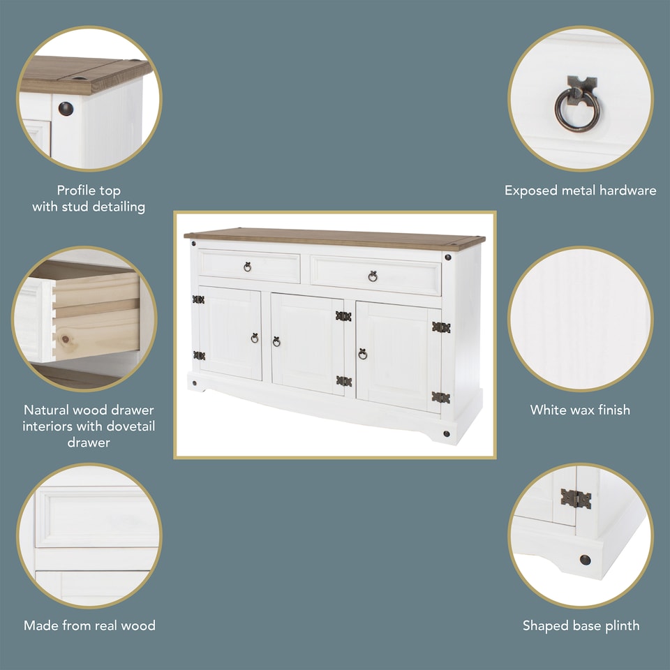 image 1 of Corona Premium Medium Sideboard - 2 Wide Drawers and 3 Doors with Adjustable Shelf in Antique, Grey or White Wax | White | White | One Size | 1