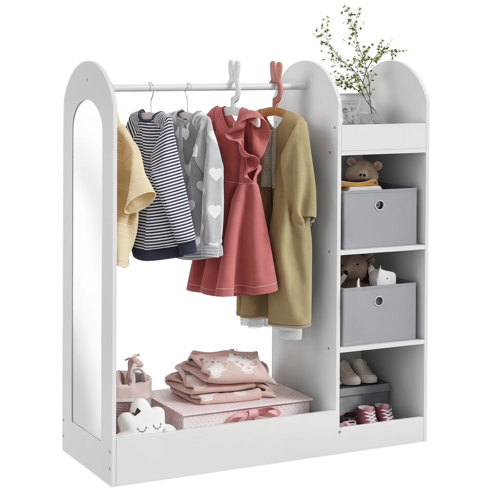 image 1 of AIYAPLAY Kids Clothes Rail with Storage Shelf, Boxes, Mirror | White