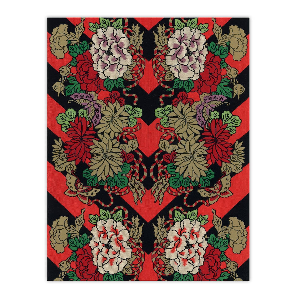 image 1 of G A Audsley Framed Wall Art Print Japanese Red Fan Floral Pattern Home Décor