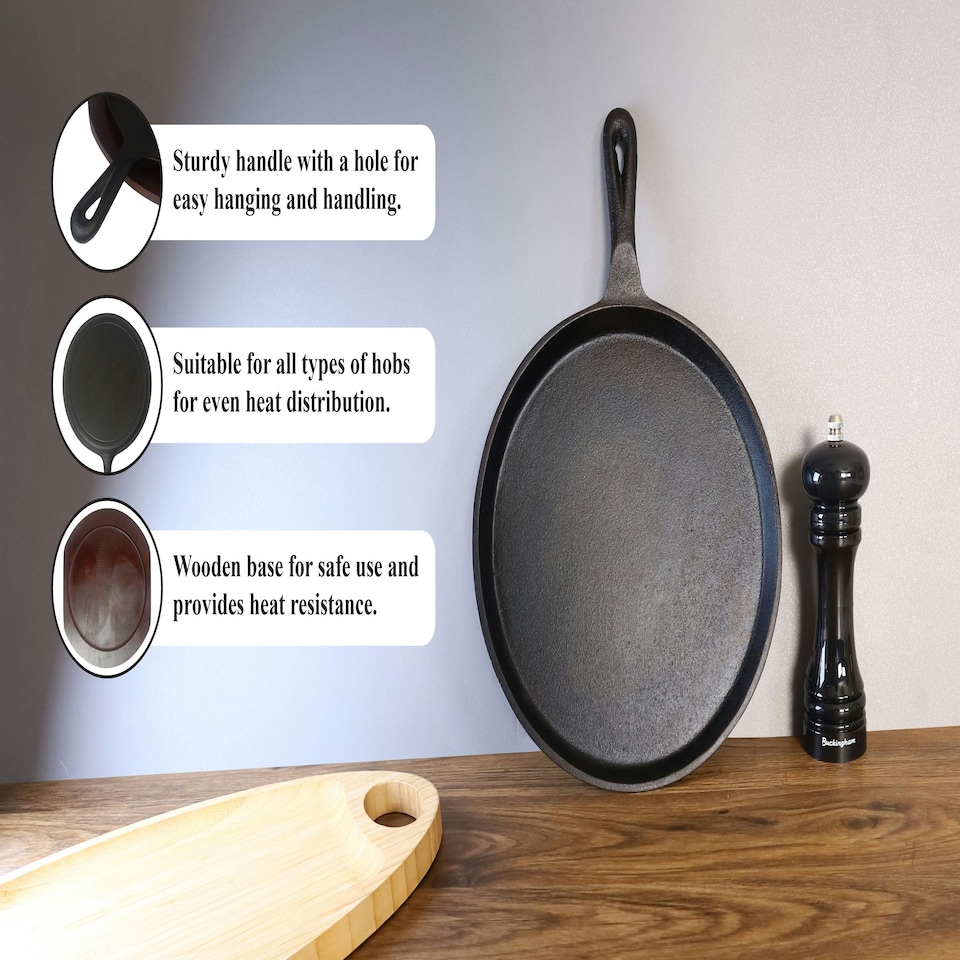 image 1 of Buckingham Pre-Seasoned Cast Iron Griddle Crepe Pan 27 cm with Wooden Base