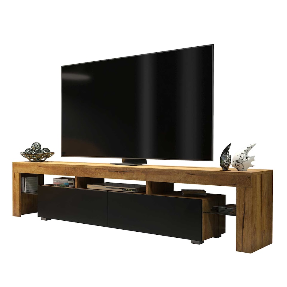 image 1 of TV Unit TV Stand Oak Black Media Console Sideboard Storage Cabinet 200cm