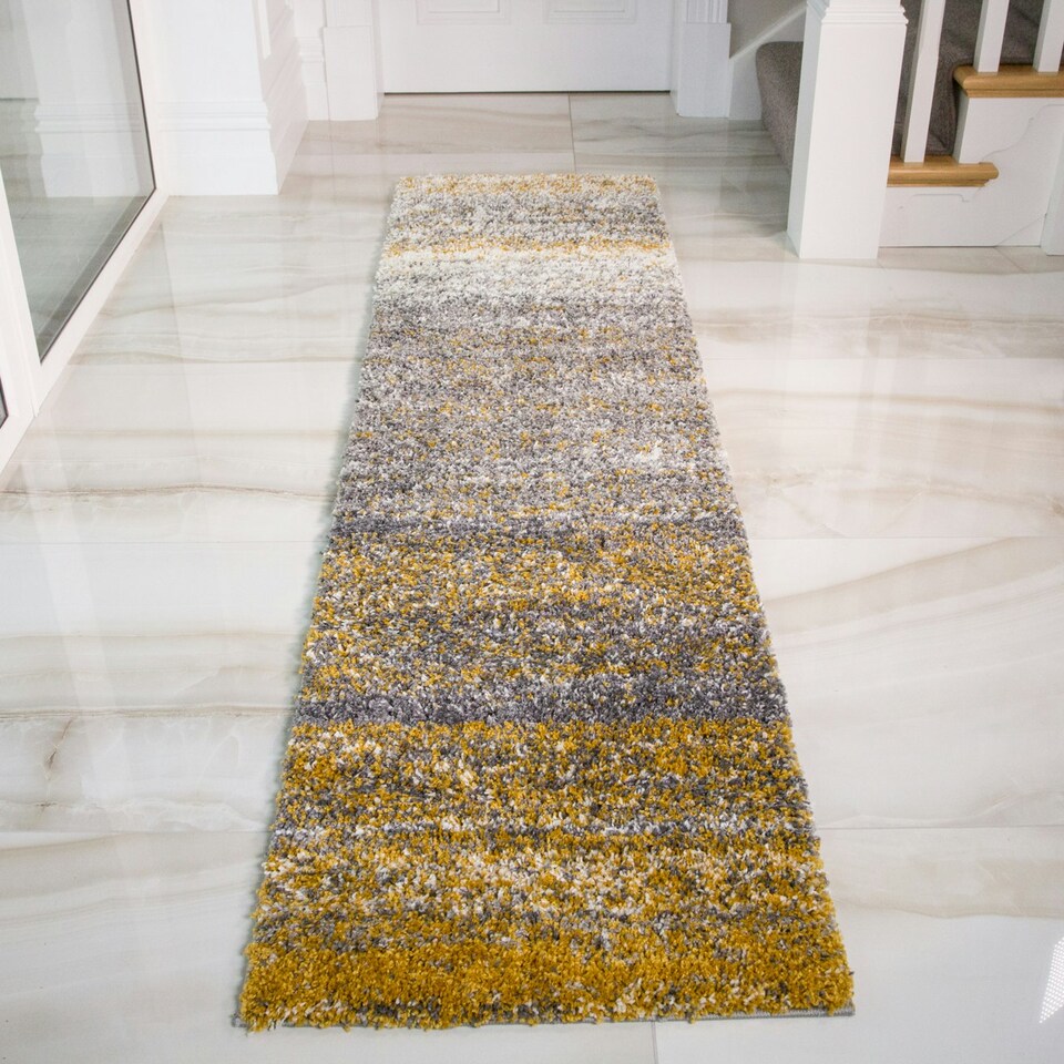 image 1 of KUKOON Yellow Ochre Grey Striped Mottled Long Runner Rug 60cm x 240cm | Yellow
