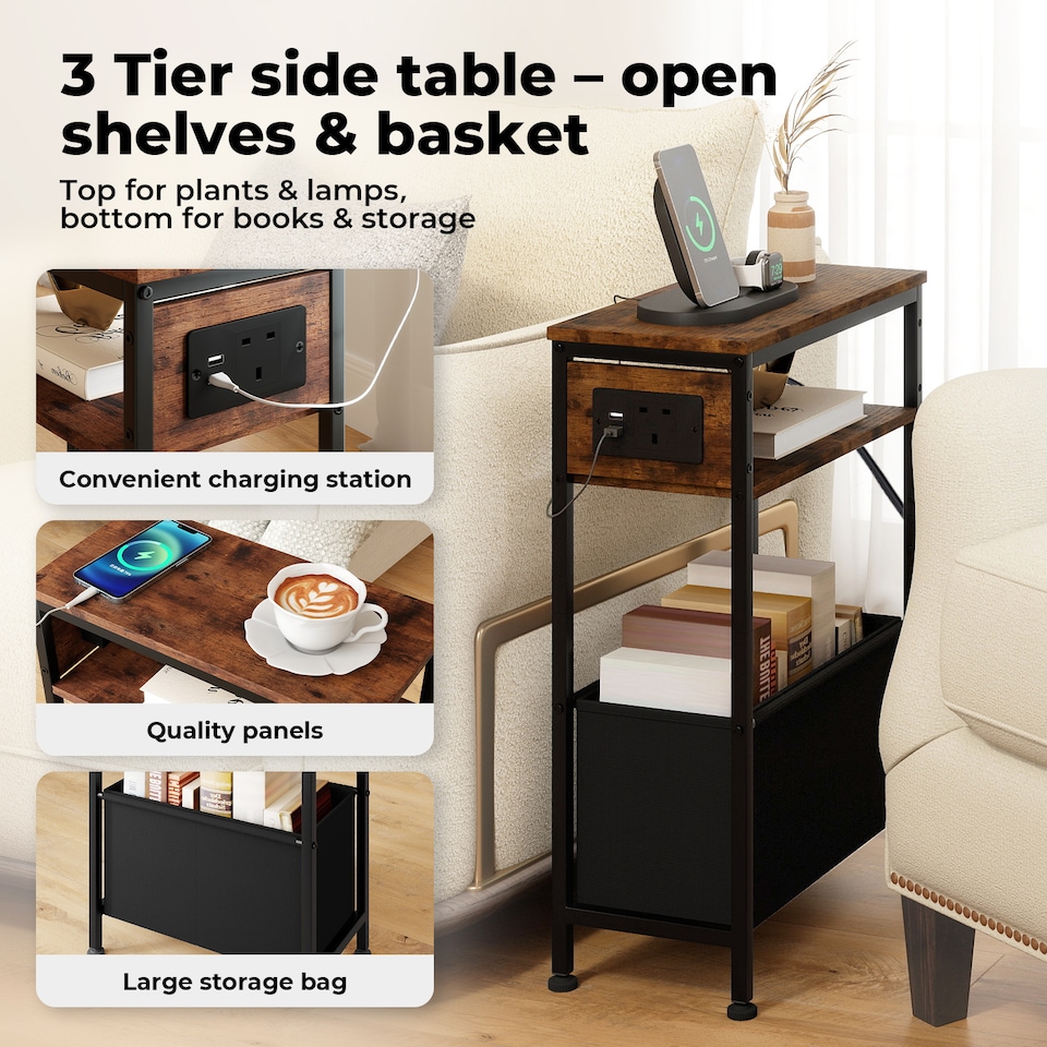 image 1 of Slim Side Table with Charging Station Storage Narrow End Table Sofa Living Room