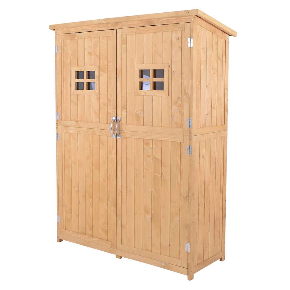 image 1 of Outsunny Wooden Garden Shed with Two Windows, Tool Storage Cabinet, Outdoor Double Door Organizer 127.5L x 50W x 164H cm, Natural