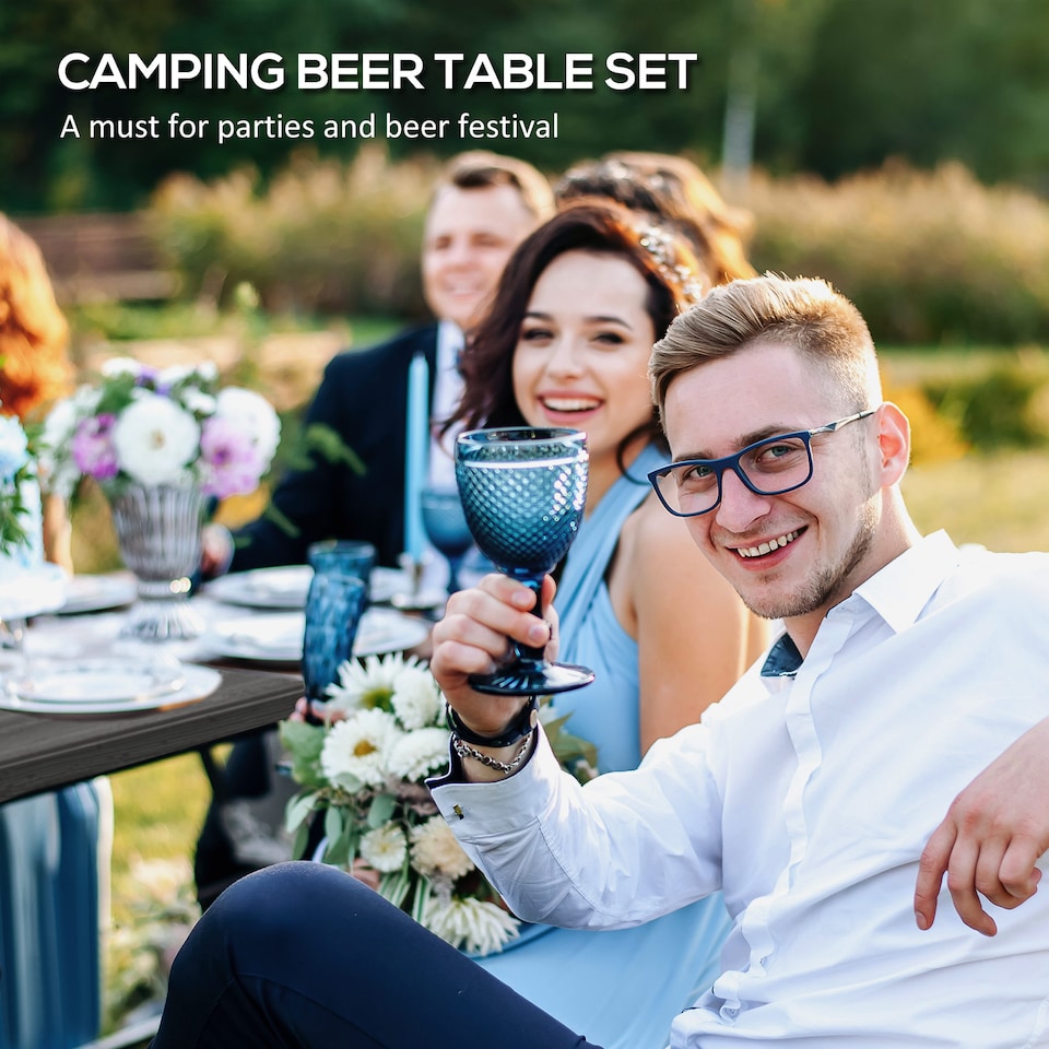 image 1 of Outsunny Folding Picnic Table with 2 Benches, 3Piece Portable Garden Furniture Set for 4, Dining Table Set with Plastic Top, Steel Frame, Dark Grey | Grey | 1