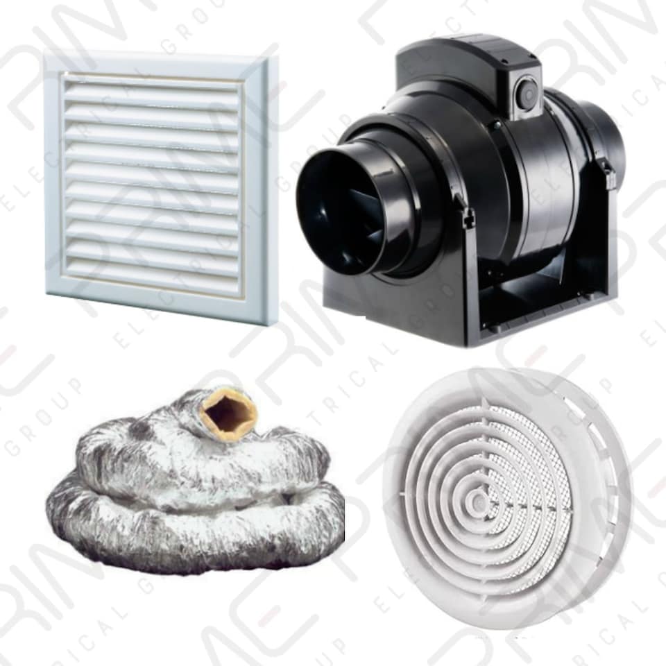 Manrose MF100T In-Line Timer Fan 100mm/4"+ 3m Insulated Duct and White Grilles