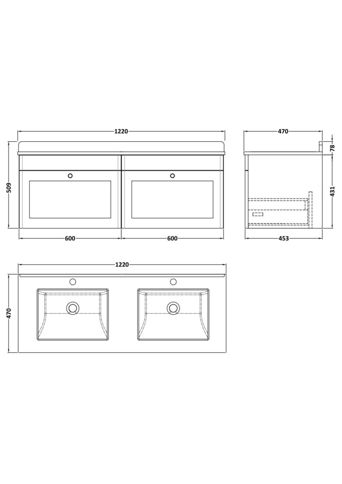 image 1 of Balterley Swynnerton Traditional 2 Drawer Wall Hung Vanity Unit with Double Marble Basin, Satin Grey, 1200mm