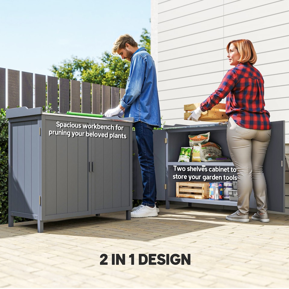 image 1 of Outsunny Wood Garden Storage Cabinet, Outdoor Tool Shed with Galvanised Top and Two Shelves, Potting Bench Table for Garden Tools or Pool Accessories, Grey