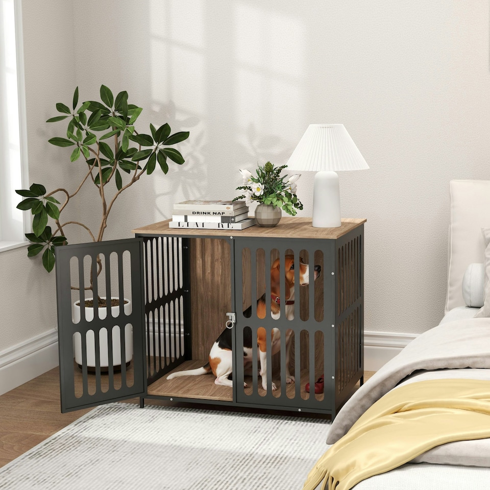 image 1 of PawHut Dog Crate Furniture with Anti-Chew Resistant Mesh for Medium Dogs 