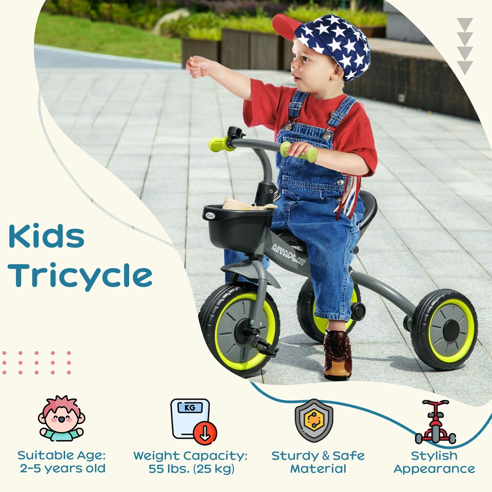 image 1 of AIYAPLAY Trike W/ Adjustable Seat Basket, Kids Tricycle for 2-5 Years Old, Black