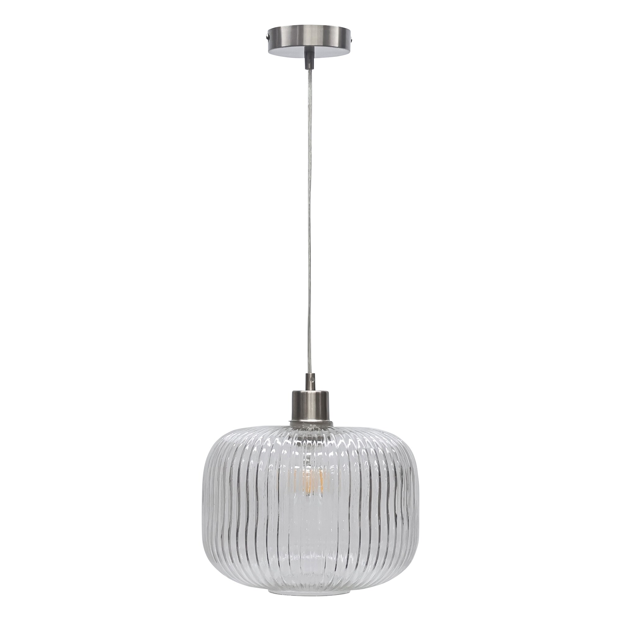 First Choice Lighting Clear Ribbed Glass Kitchen Dining Ceiling Light Pendant with Nickel