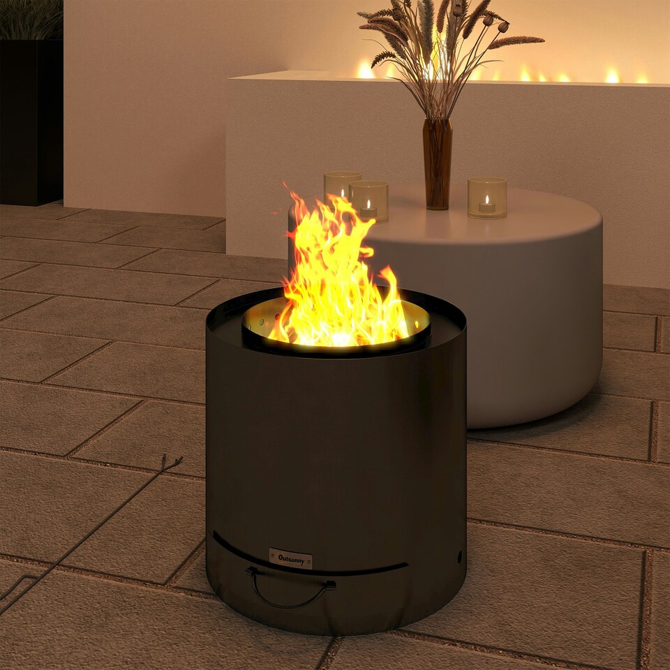 image 1 of Outsunny Outdoor Round Fire Pit with Ash Tray and Fire Poker, Black