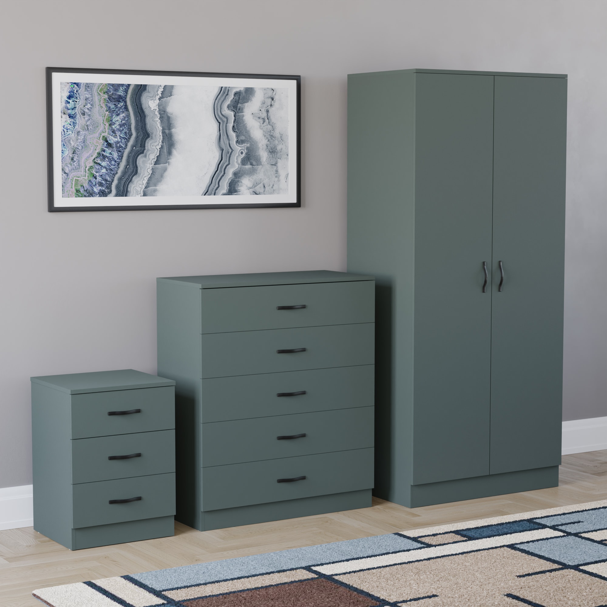 Vida Designs Riano 3 Piece Bedroom Set (3 Drawer Bedside Chest, 5 Drawer Chest, 2 Door Wardrobe) - Green