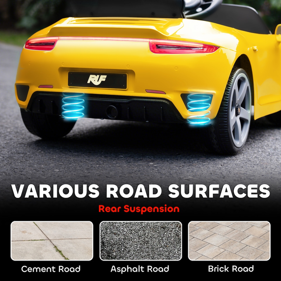 image 1 of AIYAPLAY RUF GT Licensed Electric Car for Kids, 12V Kids Ride on Car with Suspension System, Remote Control, Music, Horn, USB, Slow Start and Safety Belt for 3-5 Years Old Boys and Girls | Yellow