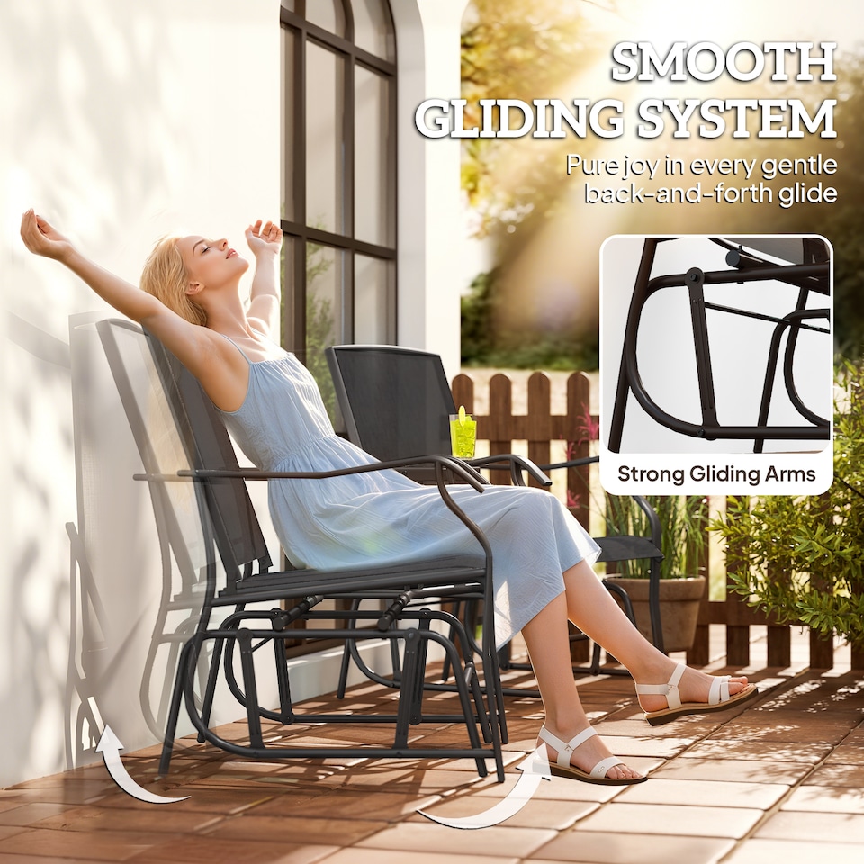 image 1 of Outsunny Outdoor Double Glider Rocking Chairs with Glass Top Middle Table, Metal Gliding Love Seat Conversation Furniture with Breathable Mesh Fabric Seat, for Garden, Patio, Black