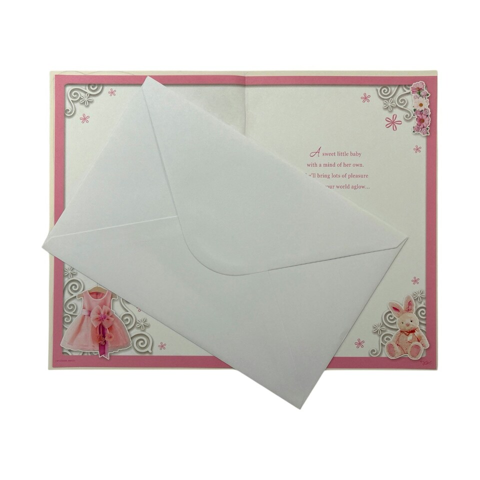 image 1 of On The Birth Of Baby Girl Pink Dress And Teddy Design Opacity Congratulations Card