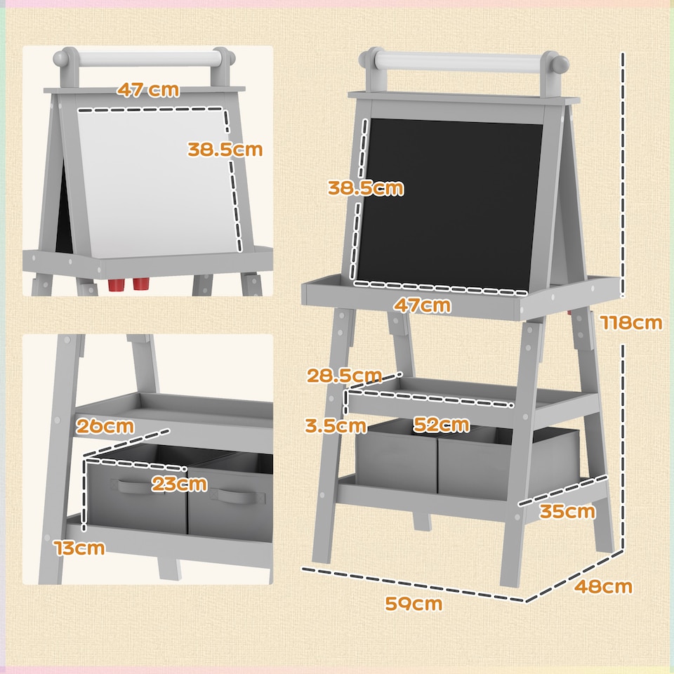 image 1 of AIYAPLAY Double-Sided Art Easel for Kids w/ Paper Roll, Storage Baskets Grey
