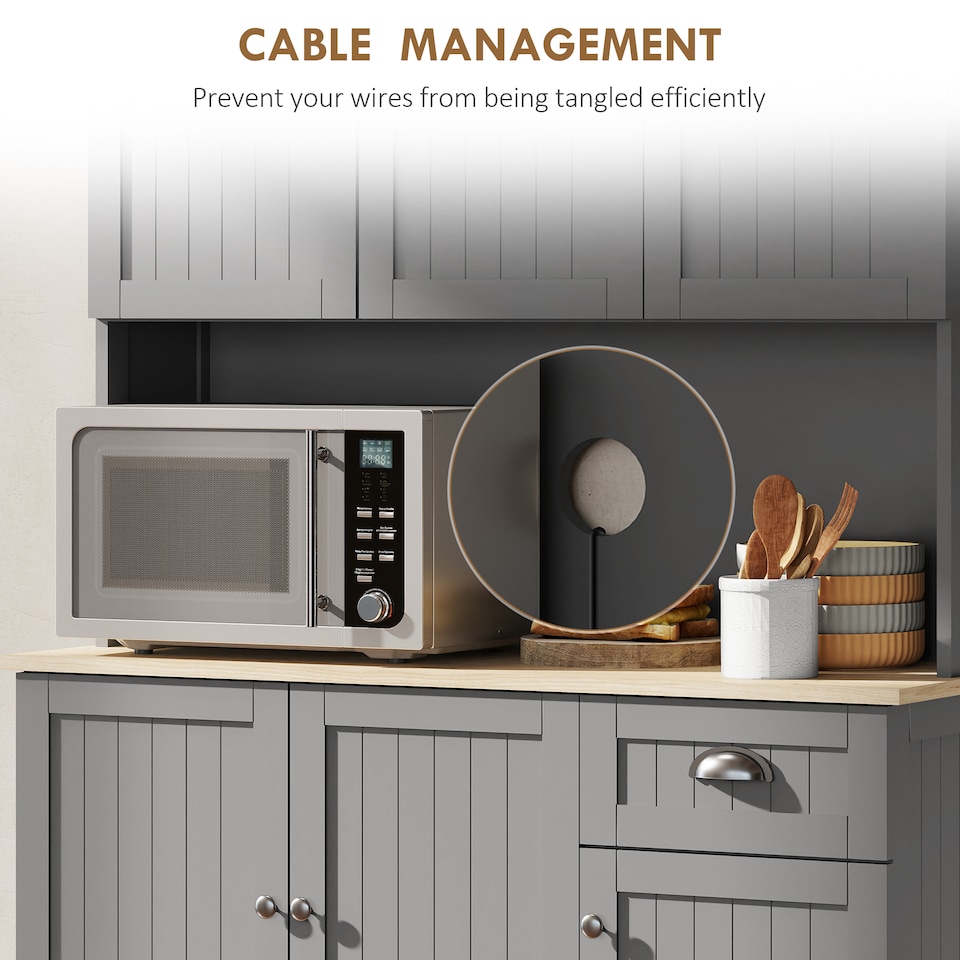 image 1 of HOMCOM 180cm Kitchen Cupboard with 6 Doors, Modern Kitchen Storage Cabinet with Microwave Oven Countertop, Drawer, Adjustable Shelves and Cable Hole, Grey | Grey | Grey