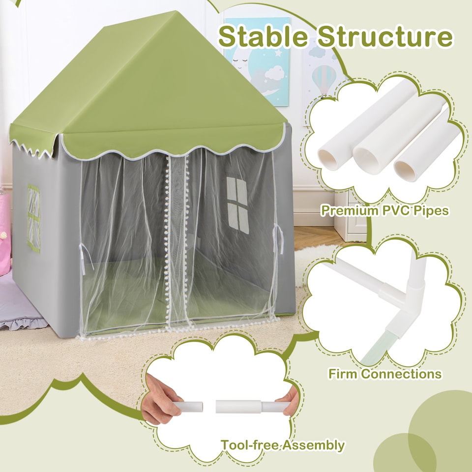 image 1 of COSTWAY Kids Playhouse Tent w/ Washable Mat & Star Lights-Green