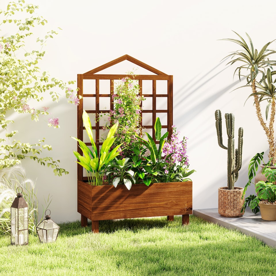 image 1 of Outsunny Wooden Garden Planters with Trellis for Vine Climbing Plants Brown | Brown | Brown