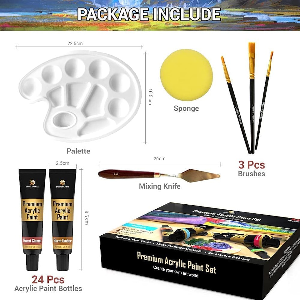image 1 of Desire Deluxe Acrylic Paint Set School Art Supplies for Artist – 30pc Craft Kit for Rock, Wood, Ceramic, Canvas, Paper & Fabric – Include Mixing Knife, Sponge, Palette and 3 Sizes Premium Brushes