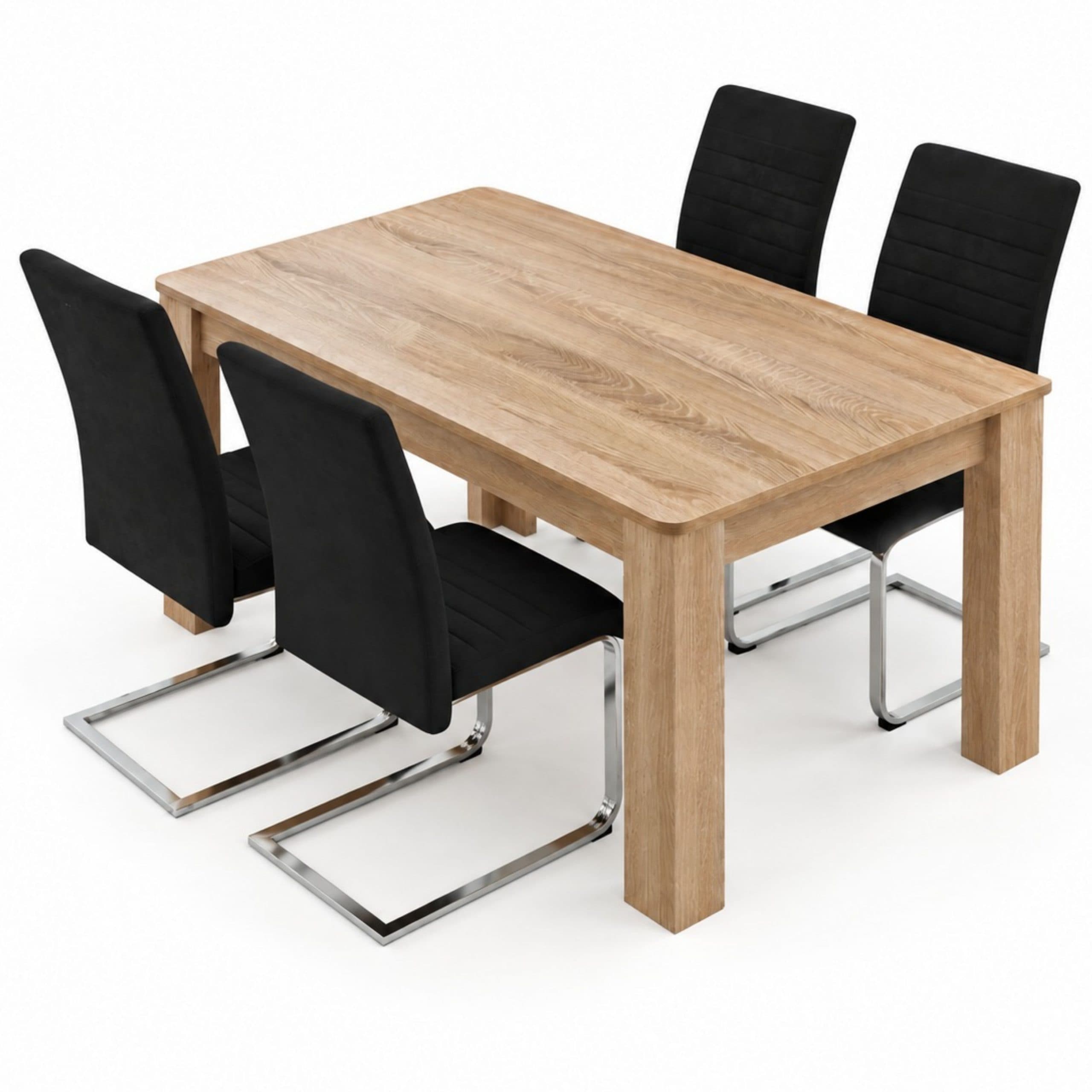 Dining Room Set with Oak Effect Table and 4 Black High Back Velvet Chairs with Chrome Legs