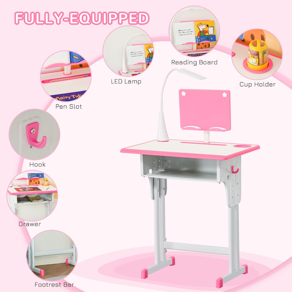 image 1 of HOMCOM Kids Desk and Chair Set with Drawer, Book Stand, Pen Slot